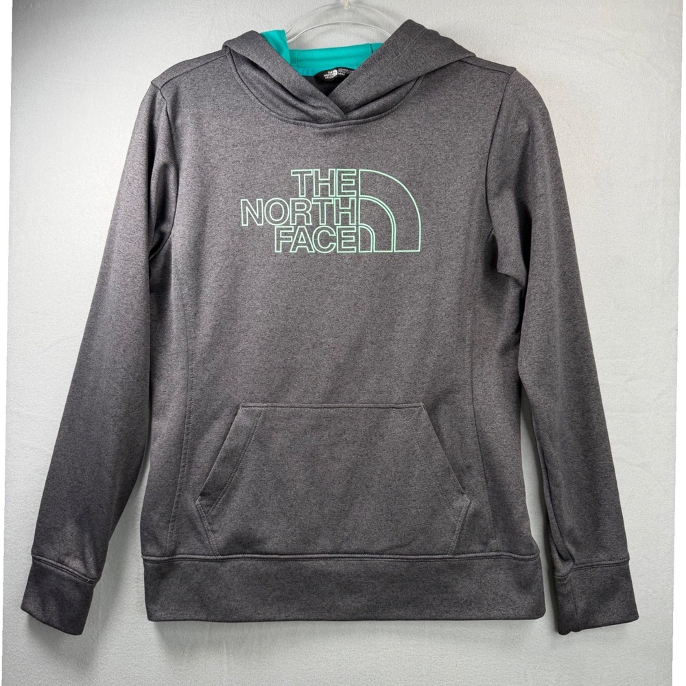 The North Face Womens Gray Teal Logo Fleece Pullover Hoodie Medium